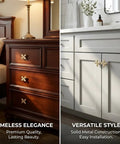 12 Pack Gold Dresser Knob Set With Screws, Solid Zinc Alloy, Four Leaf Clover Style shown on wood dresser and white cabinet