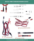 Diagram of 4mm Banana Jack Female Test Socket with red and black banana connector, shown with adapter and test probe