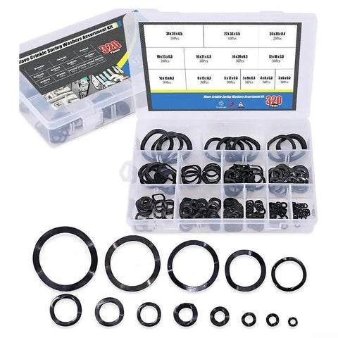 Vibration Resistant Curved Spring Washer Kit In Carbon Steel Wave Lock Washers For Motors And Appliances 320 Pieces With 15 Sizes From 3mm To 39mm Heavy Duty Fastener Security For Electrical Connections And Home Repairs, assorted sizes in organizer