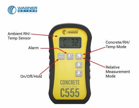 Pinless Concrete Moisture Meter For Quick Non Destructive Readings On Smooth Concrete No Surface Damage Detect Hotspots And Plan Sensor Placement With Included Standard Calibrator. Yellow C555 meter with display and buttons