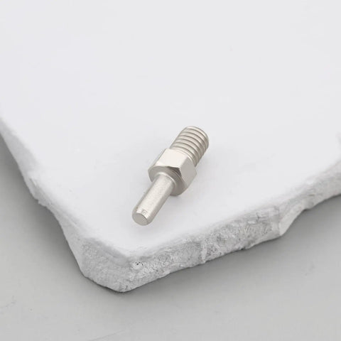 Single silver pin from 12 Pack M5 Bicycle Chain Breaker Replacement Pins 4.9x3.1x19.3mm For Bike Chain Tool on white background.