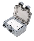Heavy Duty Outdoor Power Socket IP66 Weatherproof Electrical Outlet 2 Gang 15A with transparent cover and gray body.
