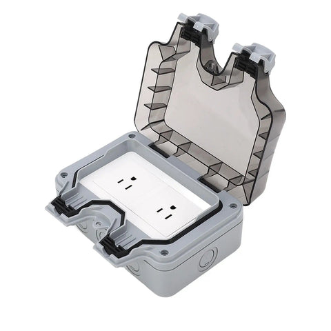 Heavy Duty Outdoor Power Socket IP66 Weatherproof Electrical Outlet 2 Gang 15A with transparent cover and gray body.