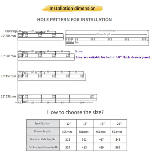 Installation dimensions for Undermount Concealed Soft Close Drawer Slides 15 Inch Full Extension, 6 Pairs with Locking Device