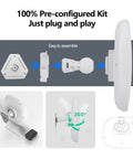 Outdoor 5.8GHz 10KM TDMA Gigabit Point To Point WiFi Bridge Kit assembly guide with detailed parts and 360° rotation feature.