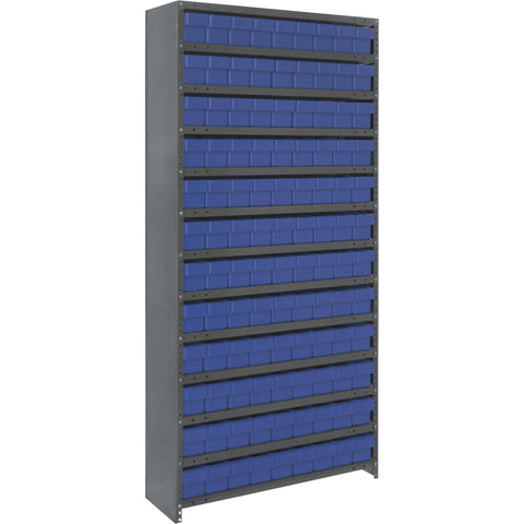 Heavy Duty Steel Shelving Unit With 108 Tough Drawers For Garage And Workshop Organization Dust Free Cabinet Built Like A Tank Blue Finish 36 X 75 Inches side view with 108 blue drawers.