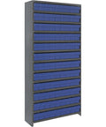 Heavy Duty Steel Shelving Unit With 108 Tough Drawers For Garage And Workshop Organization Dust Free Cabinet Built Like A Tank Blue Finish 36 X 75 Inches side view showing 108 blue bins