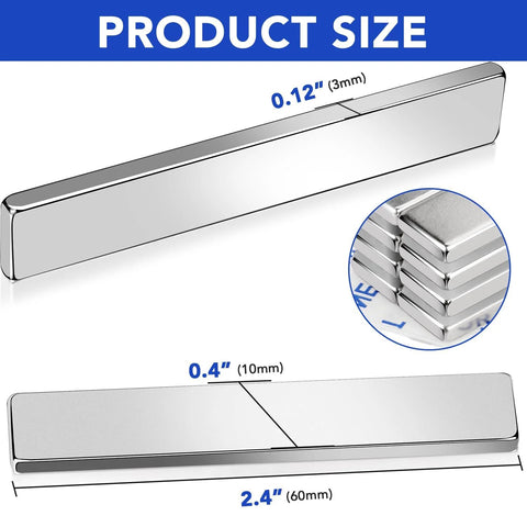 16-pack neodymium bar magnets with double-sided adhesive; silver metal bars, each 60×10×3 mm