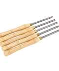 Rock Solid 5 Piece Wood Lathe Turning Tool Set With Durable Cemented Carbide Blades ideal for pro woodworkers, featuring wooden handles and steel blades.