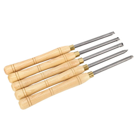 Rock Solid 5 Piece Wood Lathe Turning Tool Set With Durable Cemented Carbide Blades ideal for pro woodworkers, featuring wooden handles and steel blades.