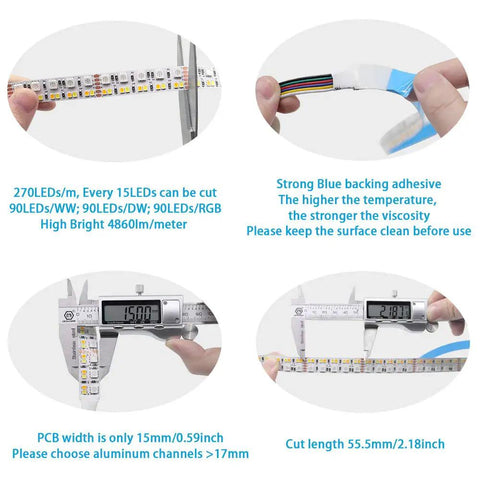 Ultra Bright Dual Row RGB CCT Flexible LED Strip Lights 270 LEDs Per Meter features, cut length, and adhesive details.