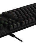 Fire Black Rgb Mechanical Gaming Keyboard With Clicky Switches And Lightsync Customizable Backlighting Plus Easy Access Usb Passthrough Port For Serious Playtime Vibes Renewed angled view with RGB lights.