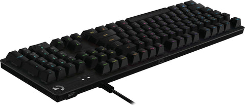 Fire Black Rgb Mechanical Gaming Keyboard With Clicky Switches And Lightsync Customizable Backlighting Plus Easy Access Usb Passthrough Port For Serious Playtime Vibes Renewed angled view with RGB lights.