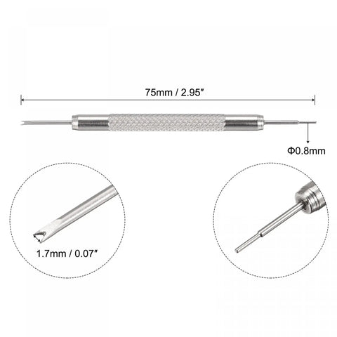 Close-up of 75mm spring bar removal tool from Stainless Steel 14mm Watch Band Pins Replacement Kit With 1.5mm Pin Diameter Includes 4 Pins And 75mm Spring Bar Removal Tool For Quick Strap Repairs DIY Friendly, showing V-edge and pin features.