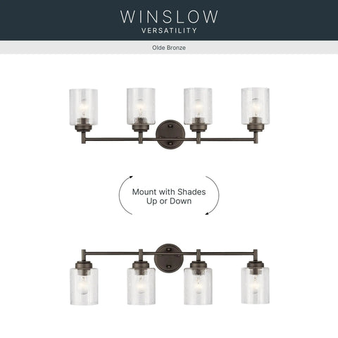 Four Light Vanity Light In Olde Bronze With Clear Seeded Glass For Above Bathroom Mirror, Transitional Style, top and side view
