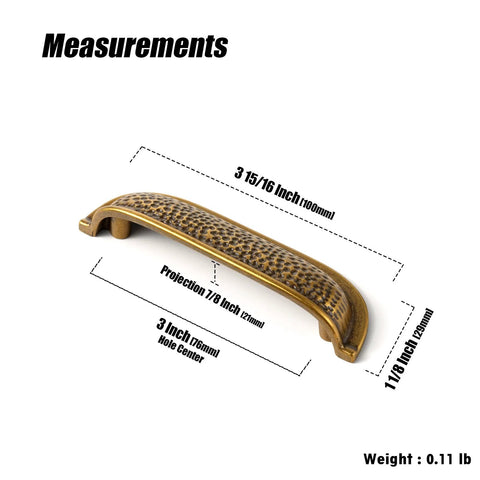 Six Pack 3 Inch Antique Brass Cabinet Cup Pulls With Hand Hammered Texture And Smooth Curved Edges, featuring product measurements.