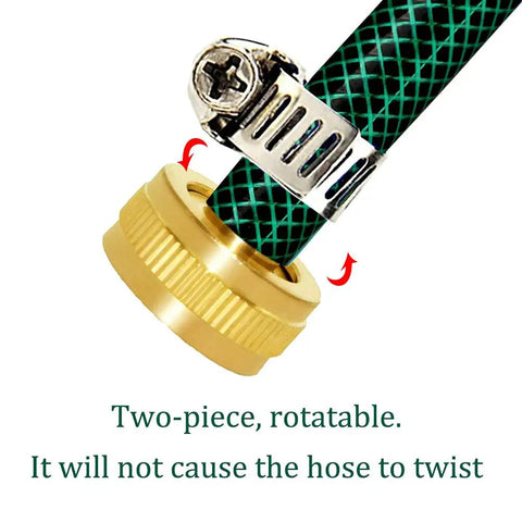 Brass Garden Hose Repair Connector 5/8 Barb To 3/4 GHT Female Adapter For Leak Free Connection Rust Resistant And Built Tough For Quick Hose Fix And Easy Backyard Setup attached to hose with clamp