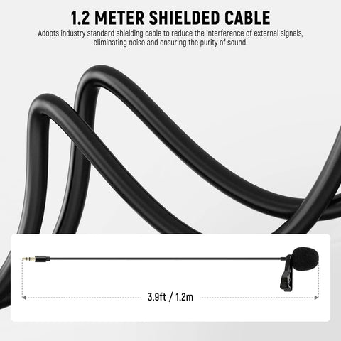 Lavalier Clip On Mic Omnidirectional Condenser Wired Lav Mic 2 Pack cable detail showing 1.2m length and shielded design.