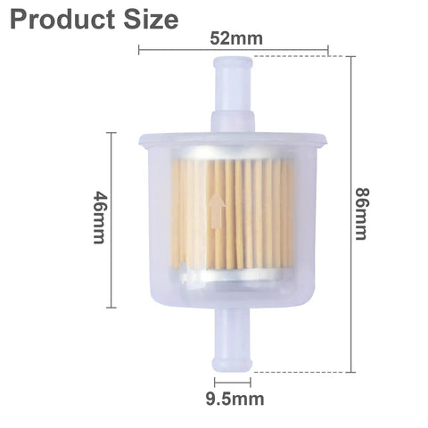 Replacement Gas Inline Fuel Filters For Three Eighth Inch Fuel Lines Great For Motorcycles Cars Trucks Lawn Mowers Snowmobiles Generators Go Karts And Small Gasoline Engines Pack Of Four, detailed size dimensions in millimeters shown