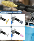 Close-up of Two Pack Versatile Angle Grinder To Die Grinder Adapter Kit with attachments for metal, wood, and stone grinding.