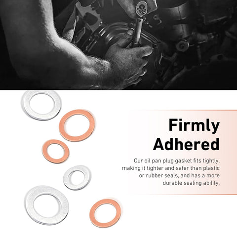 Go To Oil Drain Plug Crush Washer Set For M10 M12 M14 M16 M18 Universal with copper and aluminum gaskets shown