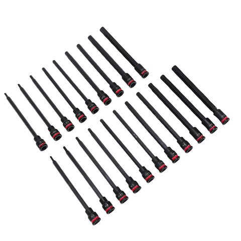 Heavy Duty 3/8 Drive Long Impact Hex Bit Socket Set With 20 Piece SAE Metric Sizes In Premium S2 Steel Extended Bits For Tough Jobs And Heavy Machinery That Will Rock Your World, 20-piece long hex bit sockets