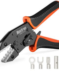 Built Tough Ratcheting Crimp Tool For AWG 22 To 6 Non Insulated Butt Ring Fork Spade Terminals Featuring Slick Operation And No Sweat Wire Termination Every Single Time with ergonomic grips and connectors