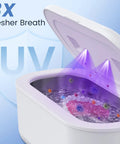 Heavy Duty Ultrasonic Jewelry Cleaner With 30W Output And 48KHz Waves To Crush Embedded Grime, showcasing UV sanitizers above bubbles in the tank.