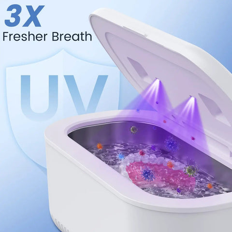 Heavy Duty Ultrasonic Jewelry Cleaner With 30W Output And 48KHz Waves To Crush Embedded Grime, showcasing UV sanitizers above bubbles in the tank.