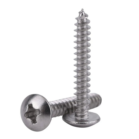 Close-up of M3 Self Tapping Screws Set, 200 Pieces, 304 Stainless Steel, Truss Head, showing screw threading and head design.