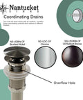 Nantucket Sinks coordinating drains options in brushed nickel, chrome, and oil rubbed bronze with overflow feature.