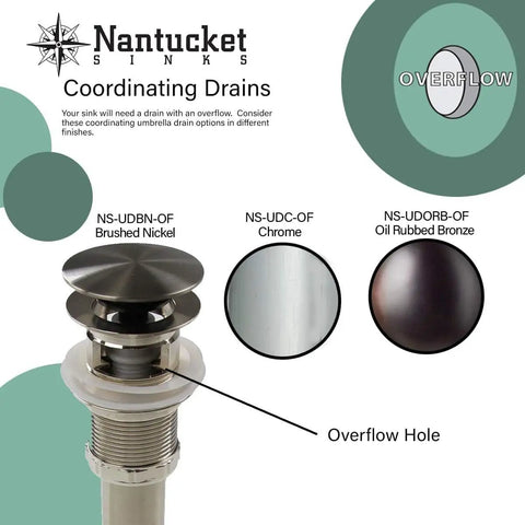 Nantucket Sinks coordinating drains options in brushed nickel, chrome, and oil rubbed bronze with overflow feature.