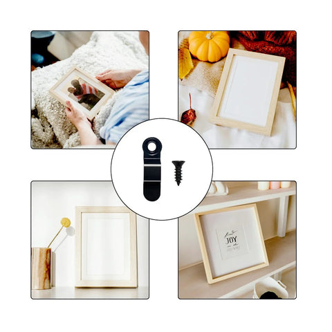 100-piece set of black metal picture frame turn buttons with 100 screws, shown with four wooden frames