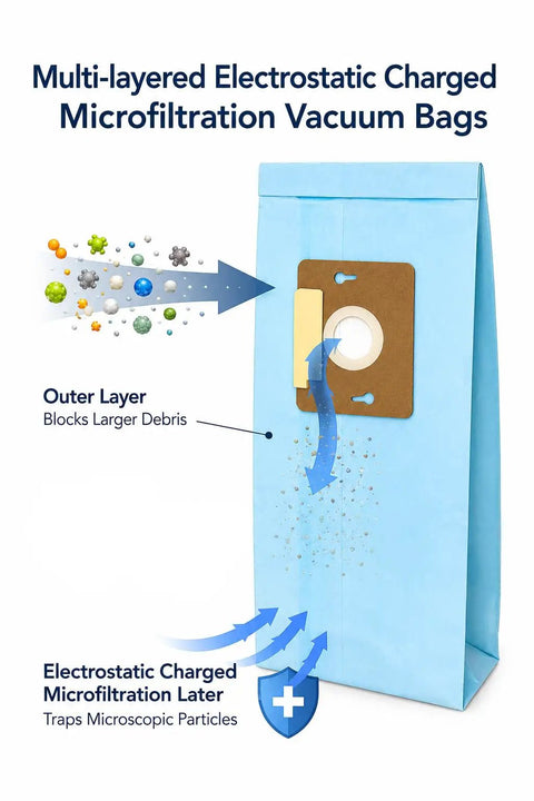 Diagram showing Replacement Micro Filtration Vacuum Dust Bags For Riccar SupraLite And Simplicity Type F Uprights 6 Pack