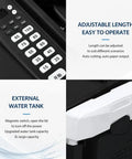 Electric Water Activated Tape Dispenser And Kraft Paper Tape Cutter With Instant Heater For Heavy Duty Shipping Sealing showing adjustable length controls and external water tank.