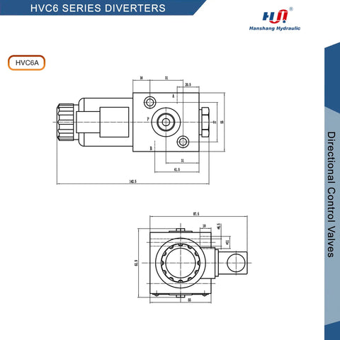Technical drawing of Solenoid Hydraulic Diverter Valve for Directional Spool Flow Control, SAE Six, 24V DC, side and top views.