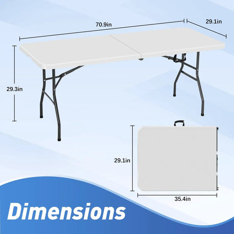 Heavy Duty 6 Foot Folding Table Portable Fold In Half Utility Table dimensions with handle, sturdy plastic top, powder coated steel legs.