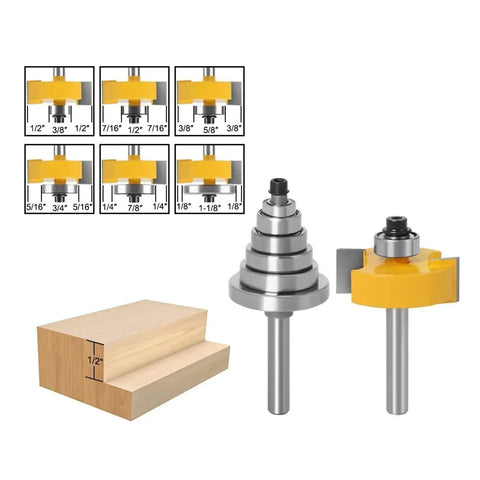 Heavy Duty Rabbet Router Bit Set With 6 Interchangeable Bearings And Multi Shank Tenon Cutter, includes various cutter sizes.