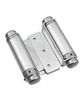 Double Action Steel Spring Hinge Satin Chrome Value Pack for Doors Two Way Swing Fits Three Quarter to One and Three Eighths Inch Thick Doors Includes Twelve Wood Screws Safe Fifteen Pounds Per Hinge viewed from the top angle