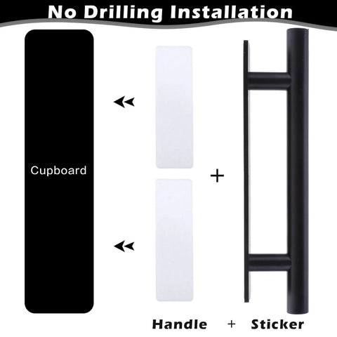 4 Pack Self Adhesive Cabinet Handles and Drawer Pulls in Black ABS Plastic with white adhesive strips for tool-free installation.