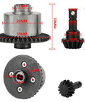 Axial 38T And 13T Metal Bevel Gear Set showing dimensions for RC crawlers, hardened steel components, low center of gravity.