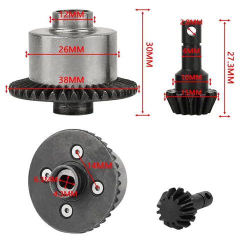 Axial 38T And 13T Metal Bevel Gear Set showing dimensions for RC crawlers, hardened steel components, low center of gravity.