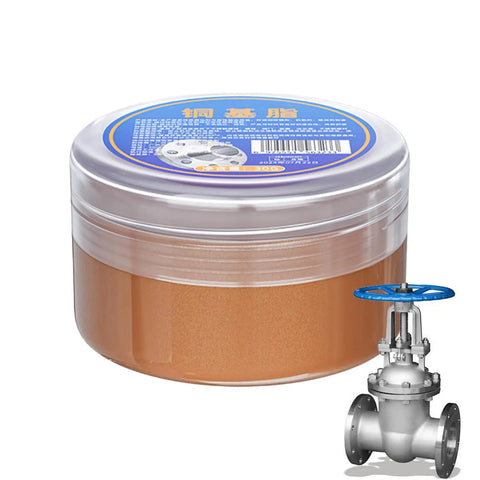 Copper Anti Seize Heatproof Lubricant in jar beside a metal valve, Waterproof Copper Paste for Metal Assembly, Rust Prevention