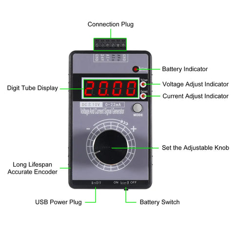 Adjustable 4-20mA And 0-10V/0-22mA Signal Generator With LCD Display showing encoder knob and battery switch