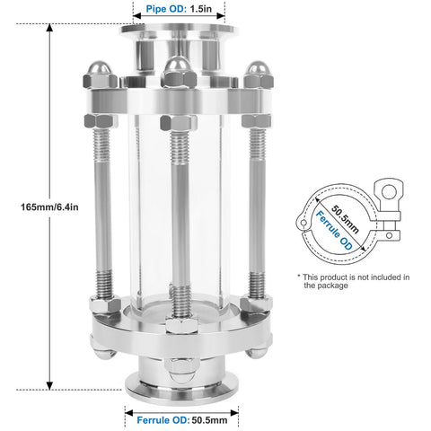 JMCOLMT in-line sight glass, stainless steel, 1.5 in tri-clamp, straight-flow, front view