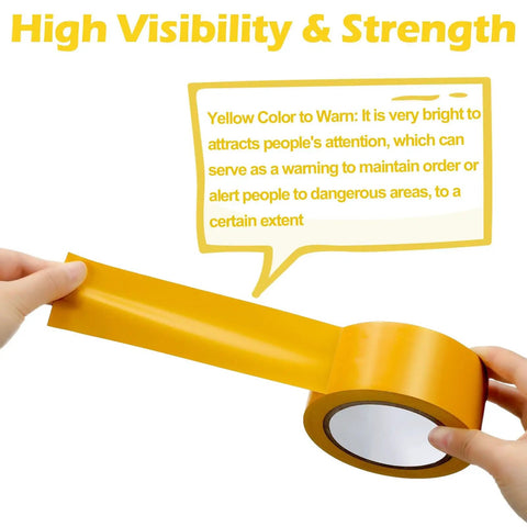 Hands holding yellow 2-inch wide floor tape, part of 9 Roll Floor Marking Tapes Pack, 2 Inch Wide by 100 Feet Yellow Durable Non Abrasive PVC Safety Tape.