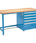 Solid As Nails Heavy Duty Modular Workbench Featuring Five Locking Rolling Drawers And Thick Maple Butcher Block Top And 72 By 30 Inch Blue Welded Steel Frame with drawers.