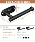 Size and accessories of 2 Pack Black Wall Mount Toilet Paper Holder For Bathroom Storage, Stainless Steel, includes screws and adhesive pads.