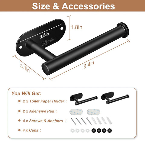 Size and accessories of 2 Pack Black Wall Mount Toilet Paper Holder For Bathroom Storage, Stainless Steel, includes screws and adhesive pads.