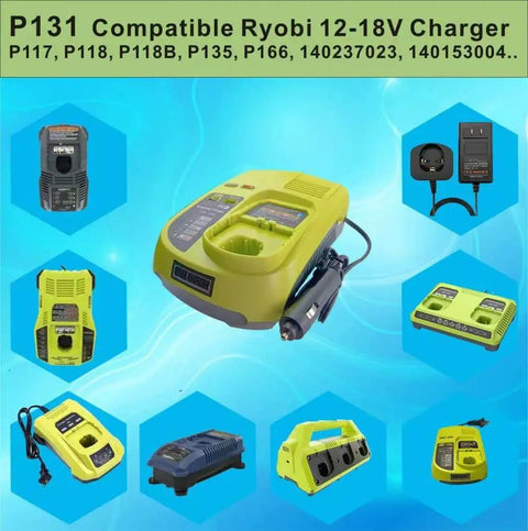 Replacement Battery Charger For P131 Series And 12V 14.4V 18V One Plus Batteries with dual USB ports, compatible models displayed.